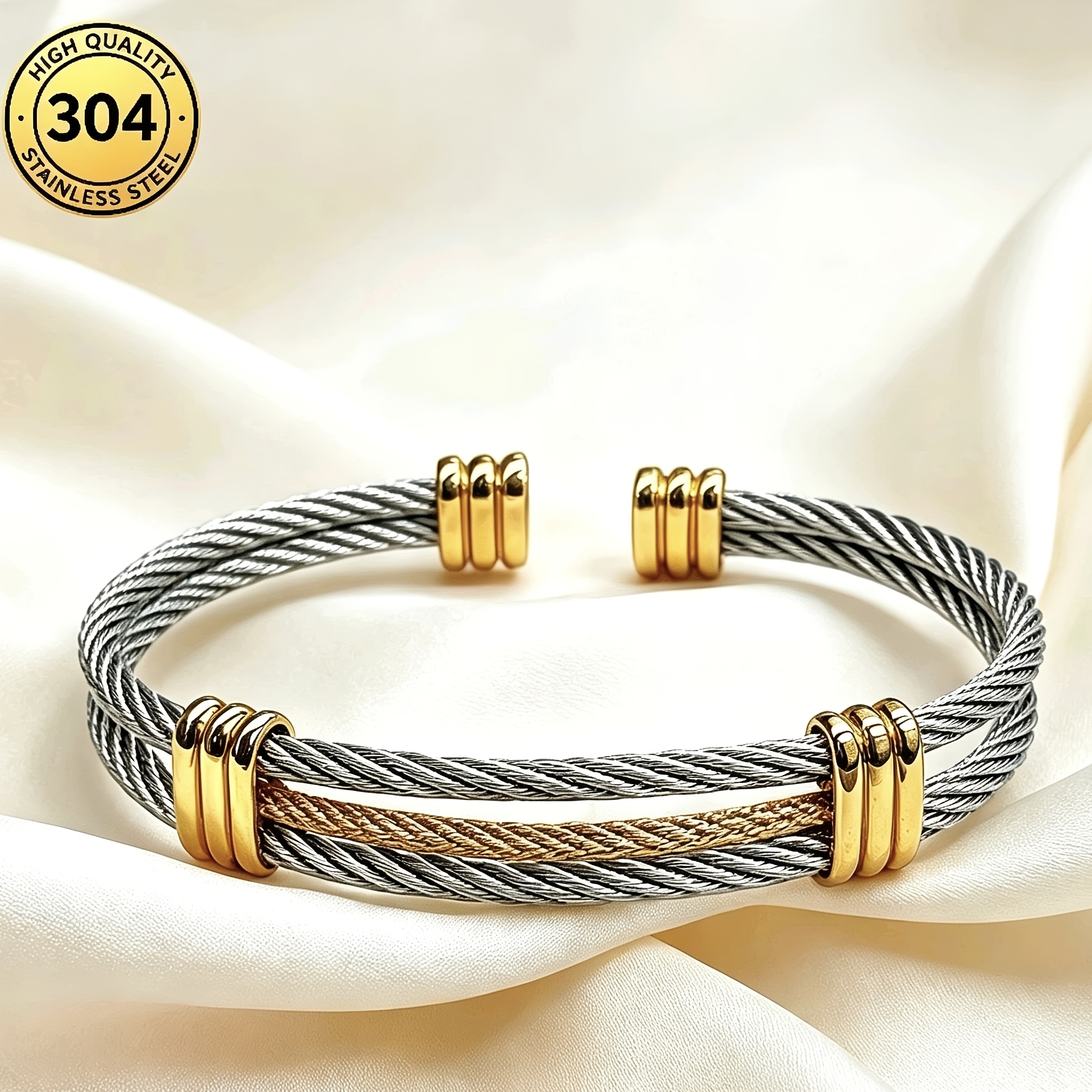 Minimalist Two-Tone Double Strand Cable Bracelet, Adjustable Gift